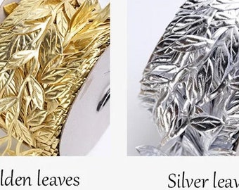 Gold and Silver leaves Ribbon for Craft by yard  1/4" wide Leaf trim