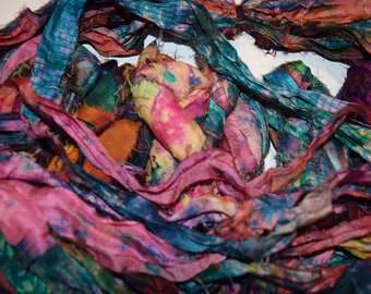 Tariff FREE Recycled Sari Silk Ribbon Yarn, Pinkish Tie Dye