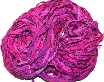 10 yards Recycled Sari Silk Ribbon Yarn, magenta