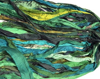 10 yards Green Paradise Sari Pure Silk Ribbon Yarn for tassels Fair Trade