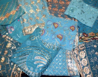 Blue shade (8X8";10"X10";12X12";18X18") Beaded fabric,Applique Fabrics,Boho Trims,Junk Journal Scrap fabric,Multi Embellishment pack