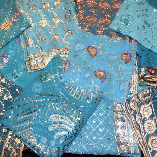 Blue shade (8X8";10"X10";12X12";18X18") Beaded fabric,Applique Fabrics,Boho Trims,Junk Journal Scrap fabric,Multi Embellishment pack