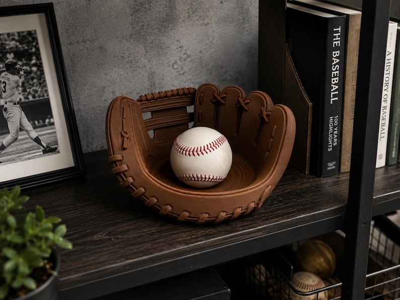 K&ouml;nnte beinhalten: Eine braune, baseballhandschuhf&ouml;rmige Schale enth&auml;lt einen wei&szlig;en Baseball mit roten N&auml;hten. Die Schale steht auf einem dunklen Holzregal, neben einem gerahmten Schwarz-Wei&szlig;-Foto eines Baseballspielers und Baseballb&uuml;chern.