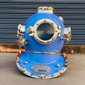 Blue Marine Diver Helmet Replica: Nautical Decor, Scuba Gift