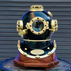 Nautical Scuba Diving Helmet with Black Finish | U.S. Navy Mark V Deep Sea Divers Helmet |  Nautical Gift with Wood Base