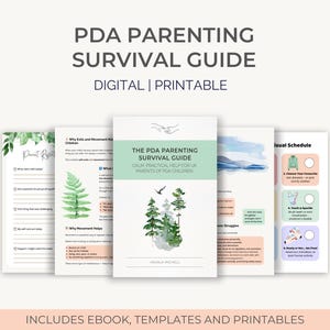 Könnte beinhalten: Eine Sammlung digitaler und druckbarer Ratgeber mit dem Titel "PDA Parenting Survival Guide". Die Ratgeber umfassen ein E-Book, Vorlagen und Druckvorlagen. Das Cover des Hauptratgebers zeigt ein grün-weißes Design mit Titel und Autorennamen.