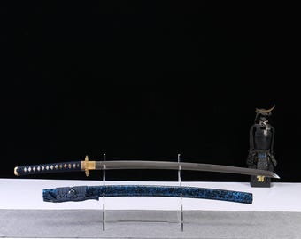 Midnight Blue Samurai Sword Replica, Handmade 1065 Steel Katana with Gold Details