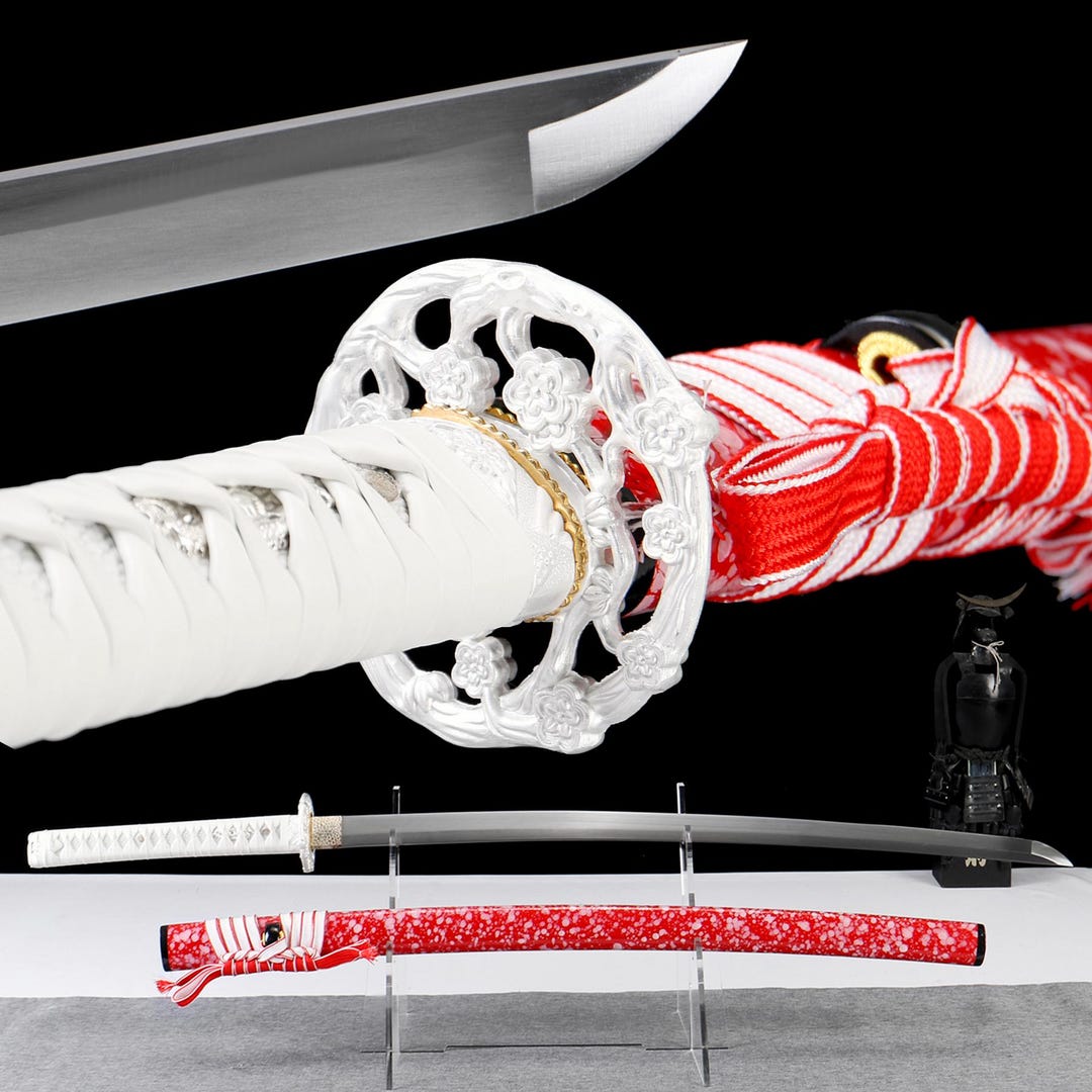 White Handle Katana With Cherry Blossom Tsuba, Red Sheath