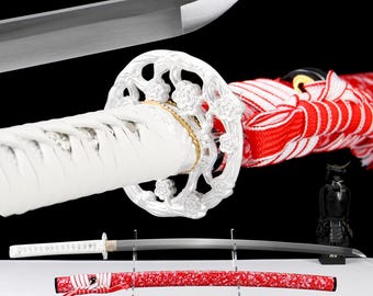 Weißer Griff Katana mit Kirschblüten Tsuba, Rote Scheide Dekoratives Schwert, Einzigartiges Geburtstagsgeschenk