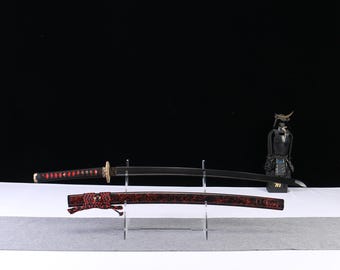 Rotes Muster Stahl-Katana - Handgefertigtes All Tang Samurai-Schwert, Bushi-Dekor