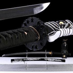 Katana Dragón Negro y Plateado - Espada samurái forjada a mano, decoración japonesa para el hogar, regalo para la guarida del hombre