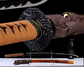 Handmade Japanese Dragon Katana, Blue Leather Saya, 65Mn Steel Art Display Collectible