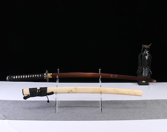 Handcrafted Carved Dragon Sword, Natural Wood Saya, Bamboo Details, 1065 Steel Display Collectible