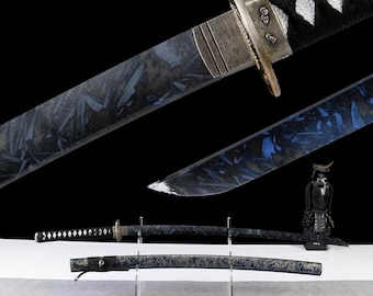 Handmade Japanese Dragon Katana: Blue Blade, Gold Saya Display Piece