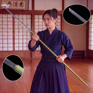 May include: A long naginata polearm featuring a metallic blade and a smooth, olive-green wooden shaft. The weapon includes a gold-colored metal collar at the base of the blade. Insets show a close-up of the sharp blade tip and the collar detail.
