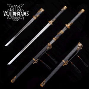 May include: An assortment of decorative swords with ornate gold-colored accents and black handles. The blades are silver and the sheaths are black. The logo "VAULTOFBLADES" is visible in the upper left corner.