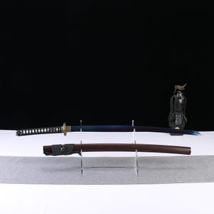 Hand Forged Blue Steel Katana: Japanese Samurai Sword with Brown Saya