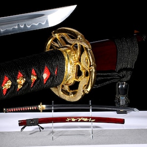 Hand Forged Katana: Golden Serpent Tsuba, Floral Red Scabbard