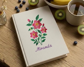 Birth Flower Embroidered A5 Notebook, Personalised Tropical Floral Fabric Journal, Custom Name Diary Gift