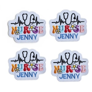 May include: Four embroidered patches with a white border. Each patch features the word "NURSE" in colourful thread, a stethoscope, a heartbeat line, and the name "JENNY" in blue. A daisy is embroidered above the "R" in "NURSE".