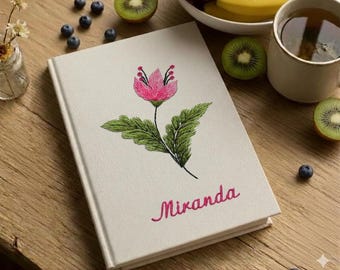 Personalized A5 Spring Flower Notebook – Tropical Floral Embroidered Journal with Custom Name – Handmade Gift