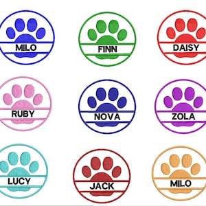 May include: Nine embroidered patches with a paw print design within a circle. Each patch is a different colour, including blue, green, red, pink, purple, teal, brown, and gold. Each patch has a name embroidered on a horizontal bar.