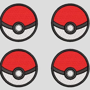 May include: Four embroidered patches with a red and white design and a black border. Each patch has a red upper section and a white lower section, separated by a black stripe and a white circle in the centre.