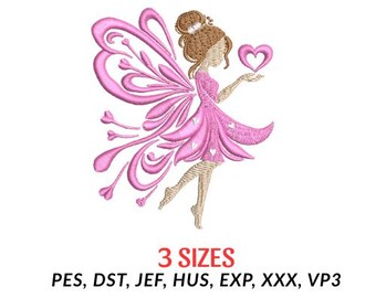 May include: A pink embroidered fairy design with a heart, wings, and a dress. The text "3 SIZES" is below the image, along with file format abbreviations.