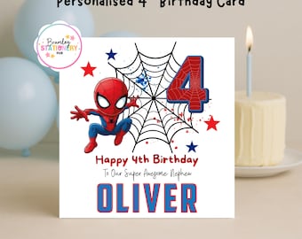 Personalised Boys 4th Birthday Card | Super Hero Spidey Inspired  | For Son | Grandson | Nephew | Brother | Fourth Birthday | BD9