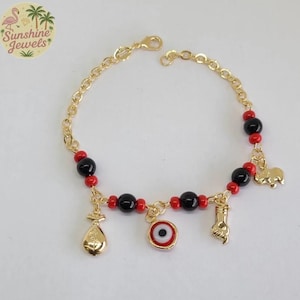 Red and Black Evil Eye Charm Bracelet – Gold Plated Protection Jewelry with Elephant, Mano Figa & Money Bag Charms, Good Luck Gift