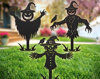 Set of 3 Scarecrow Garden Stakes SVG | Halloween Laser Cut File | SVG DXF Digital Download