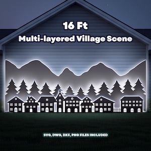 Peut inclure: Une scène de village multicouche avec une toile de fond de montagne et des pins. La scène mesure 4,88 mètres de large et présente plusieurs maisons avec des fenêtres éclairées. Le texte "SVG, DWG, DXF, PNG FILES INCLUDED" est inclus.
