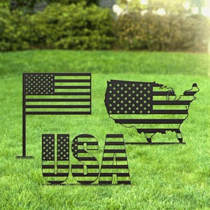 American Flag USA Map Stake SVG Patriotic Garden Yard Decor Set of 3 Americana Laser CNC Plasma Cut File Metal Plant Marker