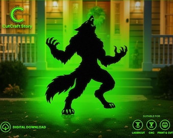 May include: A black silhouette of a howling werewolf with sharp claws and fur, set against a bright green glowing background. The image includes the text CutCraft Story, Digital Download, and icons for Lasercut, CNC, and Print & Cut.