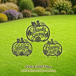 Autumn Pumpkin Sign SVG DXF | Laser Cut Happy Fall Welcome Thanksgiving Pumpkin Garden Stakes with Leaves Vines | CNC File | Glowforge