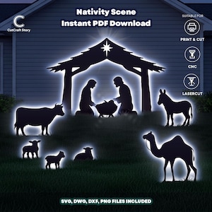 May include: A black silhouette Nativity scene with the text "Nativity Scene Instant PDF Download". The scene includes figures of Mary, Joseph, baby Jesus, animals, and a star. The image also includes the text "SVG, DWG, DXF, PNG FILES INCLUDED".