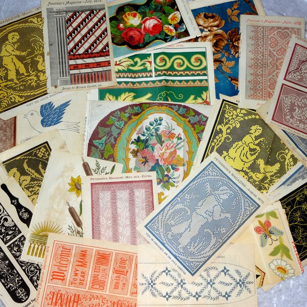 24 Peterson's Magazine Color Sewing Patterns c1862-1878, Antique Embroidery Cross-stitch Needlepoint Lot + Bonus,