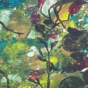 SPRINGTHRIVE Original botanical monoprint - Green, red and yellow Nature-Inspired Artwork featuring grasses and honesty
