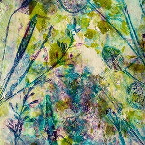 LIGHTTHRIVE Original botanical monoprint - Green and Violet Nature-Inspired Artwork featuring grasses