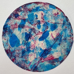 LUCIDTHRIVE handpressed botanical monoprint, blue, cream and red