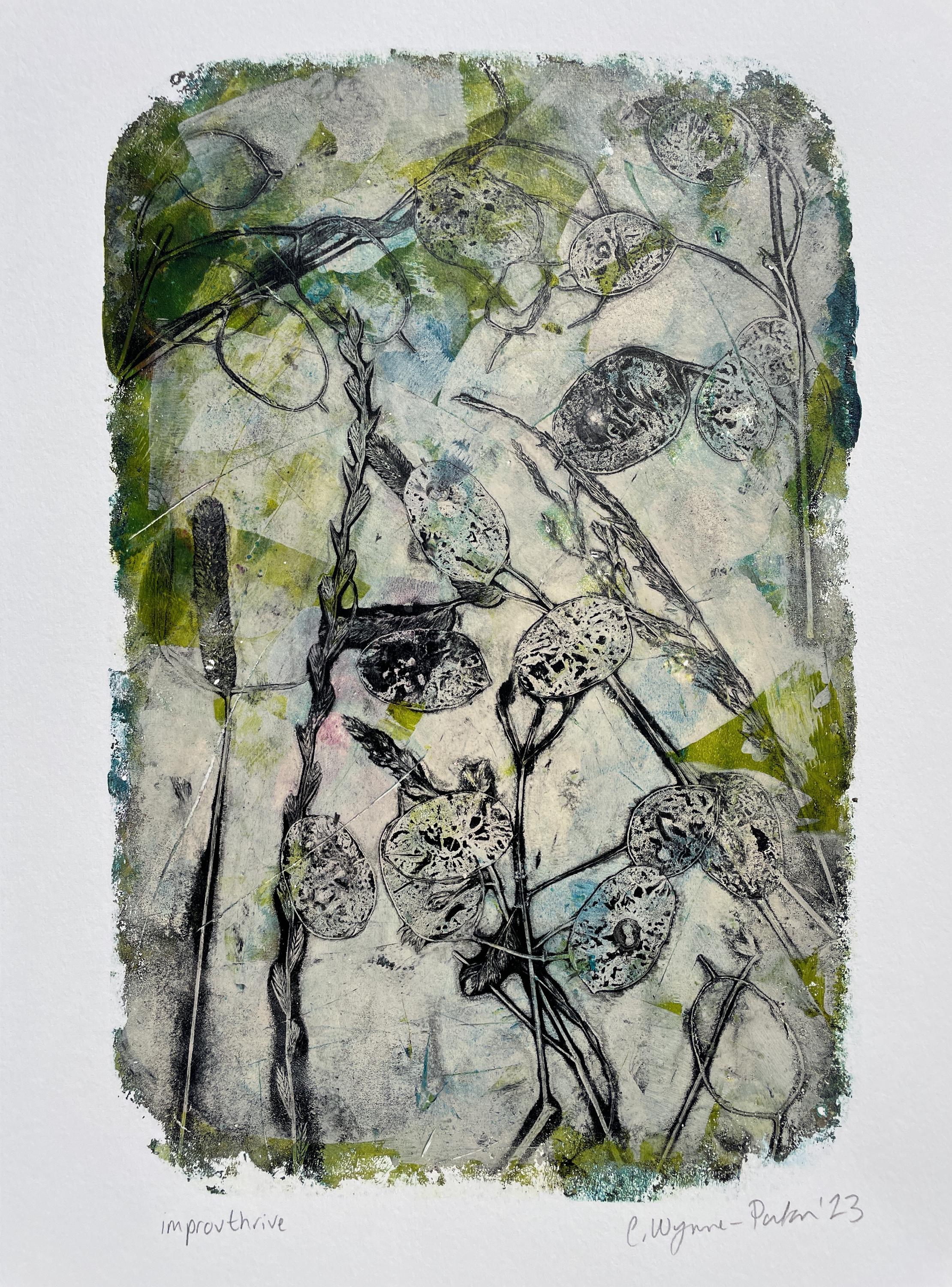 IMPROVTHRIVE handpressed botanical monoprint with honesty and grasses, green, cream and turquoise