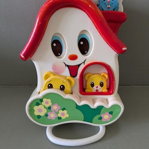Vintage 1986 Sankyo musical house with peekaboo bears and mouse pull-string toy, baby cot or crib toy, plays pop goes the weasel