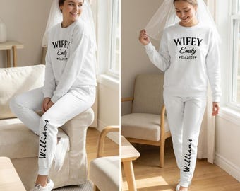 Personalized Bride Sweatsuit With Name, Wifey Bride Sweat Set, Custom Wifey Sweatshirt & Pants, Wedding Morning Outfit, Bridal Loungewear