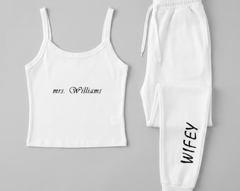 Chándal de novia, conjunto de chándal de novia personalizado, atuendo nupcial personalizado, conjunto de pantalón de chándal para esposa
