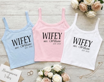 Camiseta sin mangas personalizada para novia, camiseta personalizada para esposa, camiseta de tirantes para futura Sra., regalo para despedida de soltera, top para la luna de miel, conjunto para despedida de soltera.