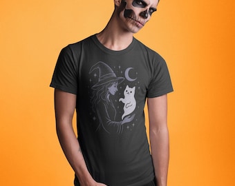 Herren Geister-Katzen-Shirt schwarz - gruseliges Halloween-Katzen-T-Shirt für den Herbst