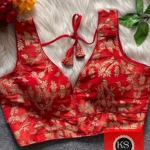 Designer Readymade Stitched Pure Jacquard Silk Saree Blouse With Gold India Sari Top Choli Crop Top Party Festive Wedding Wear Padded Blouse