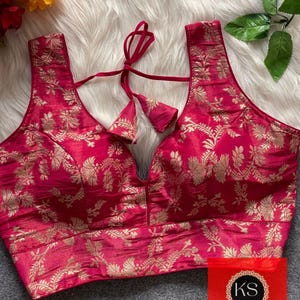 Designer Readymade Stitched Pure Jacquard Silk Saree Blouse With Gold India Sari Top Choli Crop Top Party Festive Wedding Wear Padded Blouse