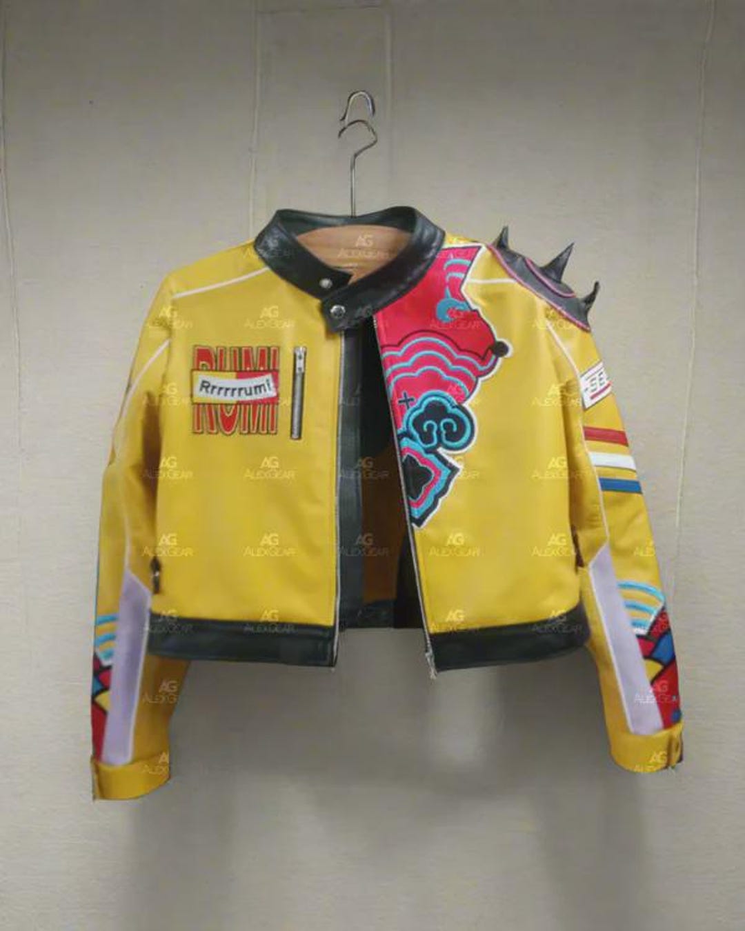Yellow Spiked Biker Jacket: Punk Rock Racing Patches, Costume Cosplay ...