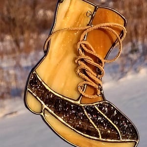 Stained Glass Maine Bean Style Boot with Leather laces Suncatcher Ornament:  Handmade in Maine